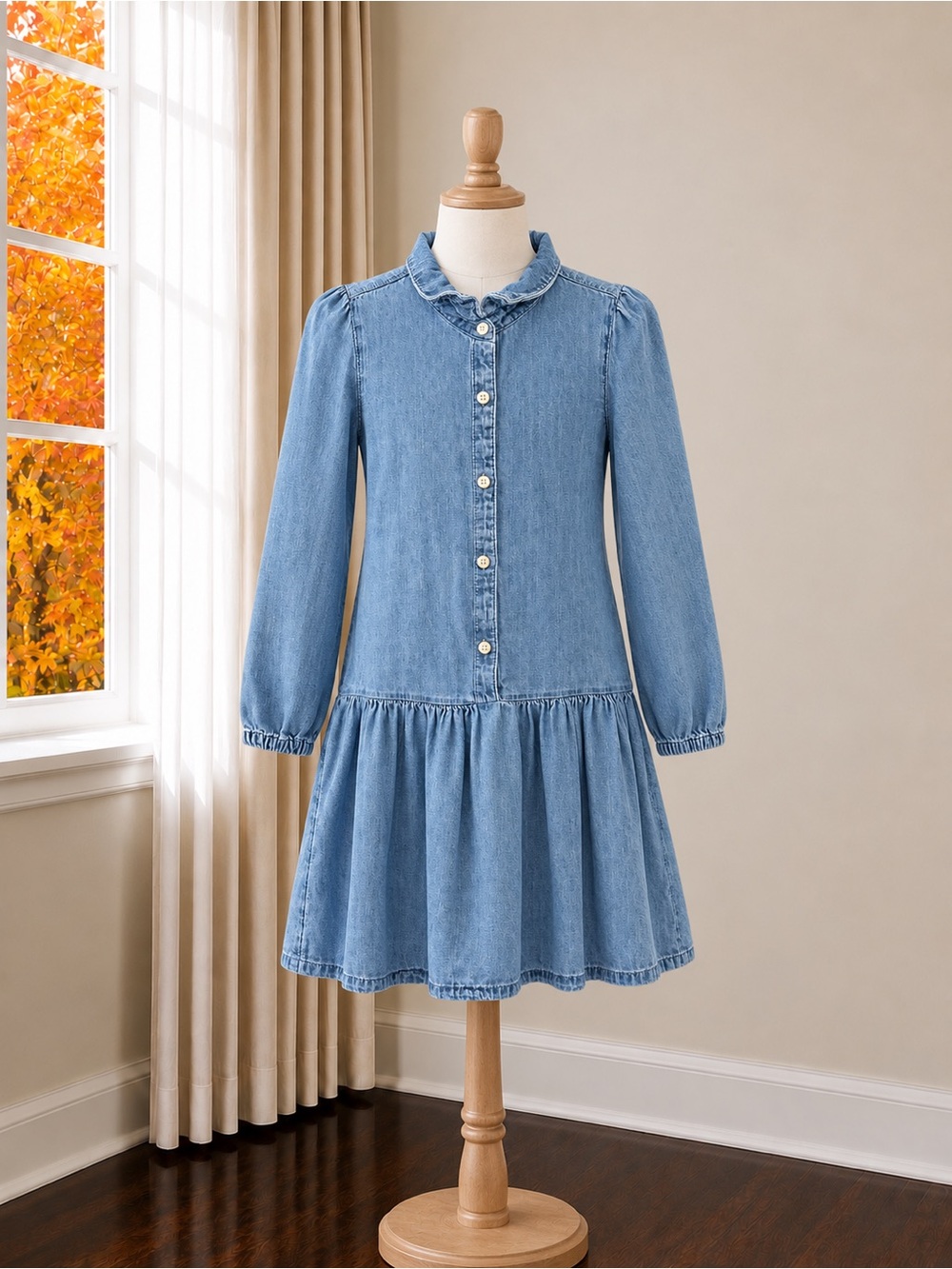 GAP Light Blue Denim Ruffled Collar Button-Front Dress